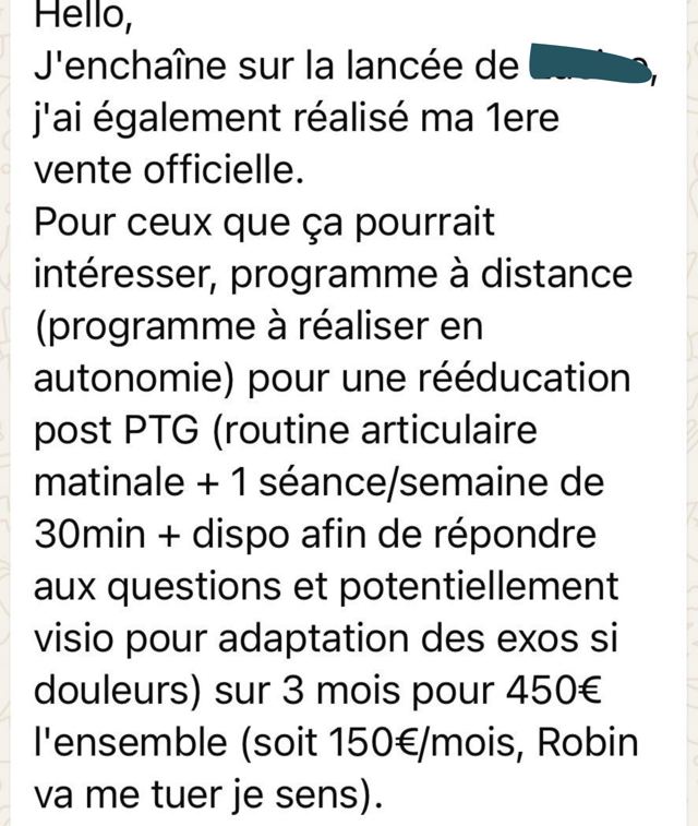 Message d'un client : première vente officielle, programme à distance de 3 mois à 450 €