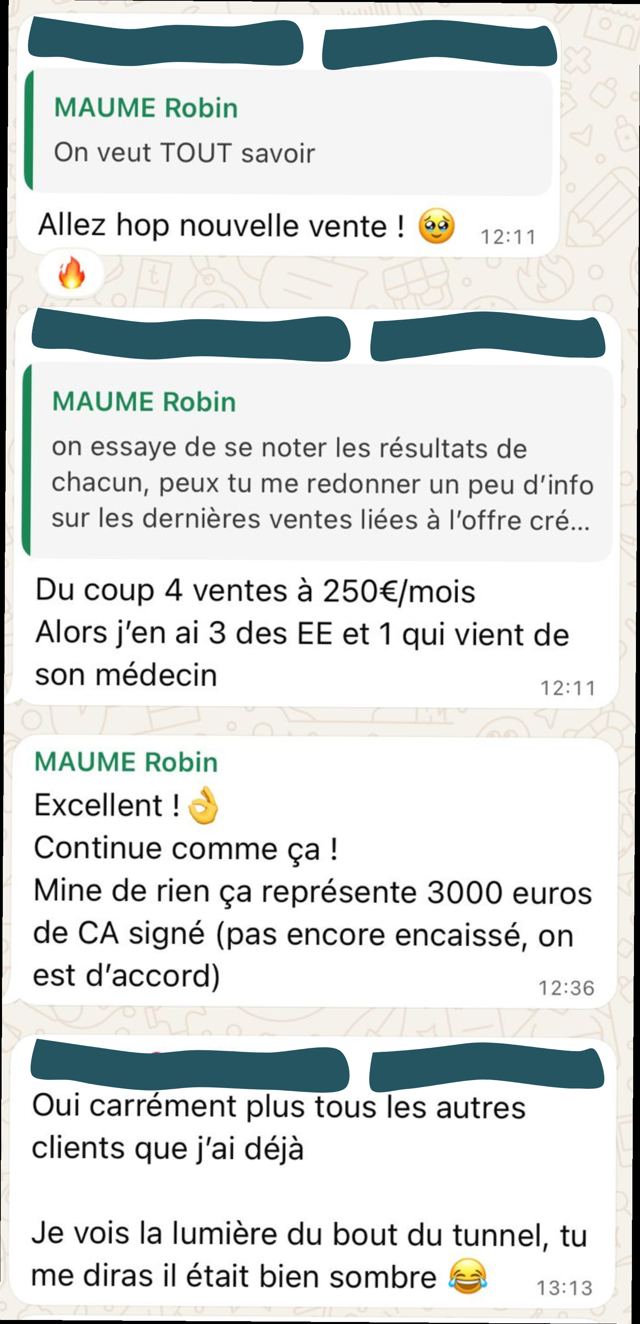 Échange : 4 ventes à 250 € par mois, soit 3 000 € de chiffre d'affaires signé