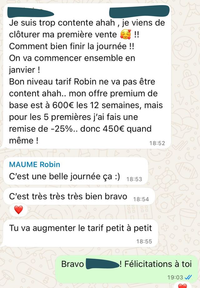 Message d'une cliente : première vente clôturée, offre premium à 450 € au lieu de 600 € pour les premières
