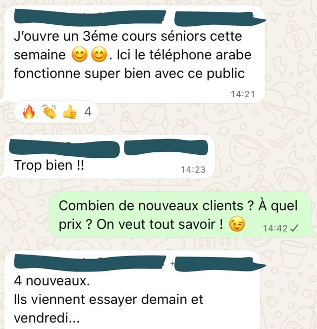 Message d'une cliente : j'ouvre un 3e cours séniors, 4 nouveaux clients