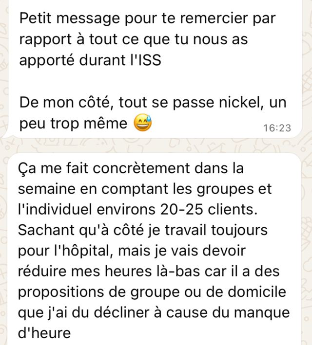 Message de remerciement : environ 20 à 25 clients par semaine, je vais réduire mes heures à l'hôpital