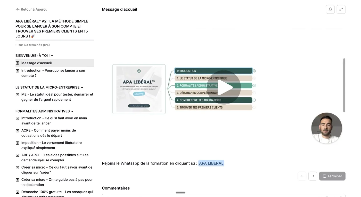 La plateforme de formation APA Libéral avec le programme classé par étapes