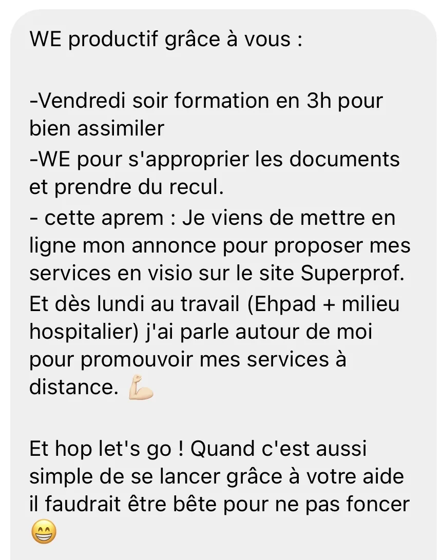 Message d'un participant V1 : formation en 3h, annonce en ligne le week-end même